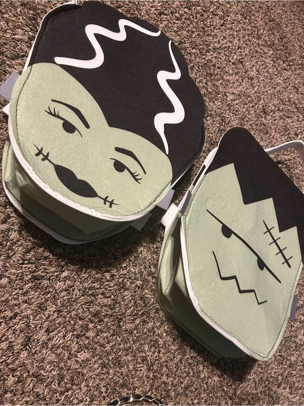 Green Frankenstein & Bride Character Tote Bag Duo - Cute Halloween Set